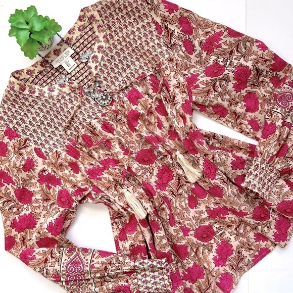 Rachel Zoe Tops - Rachel Zoe Pink Floral Boho Peasant Blouse Smocked Tie Neck Size L